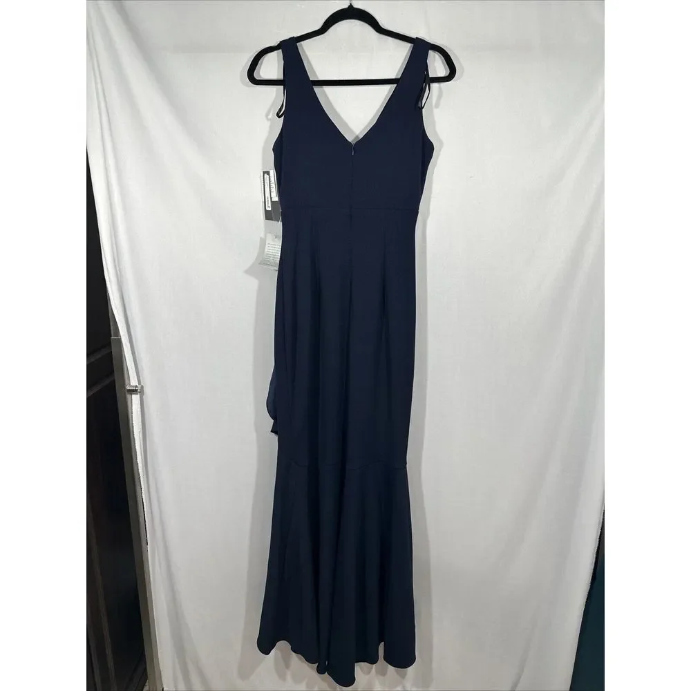 NWT $249 Betsy & Adam [ 6‎ ] V Neck Ruffled High-Low Gown Navy Blue